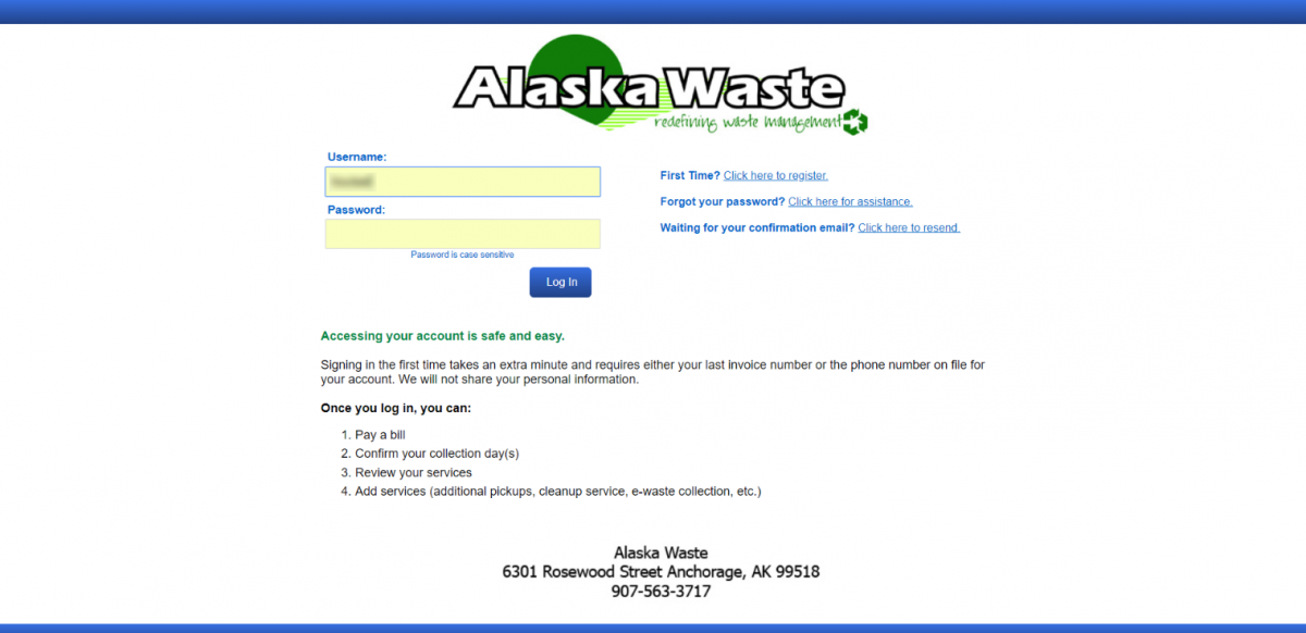 Screenshot of Pacific Waste Online Login Page.